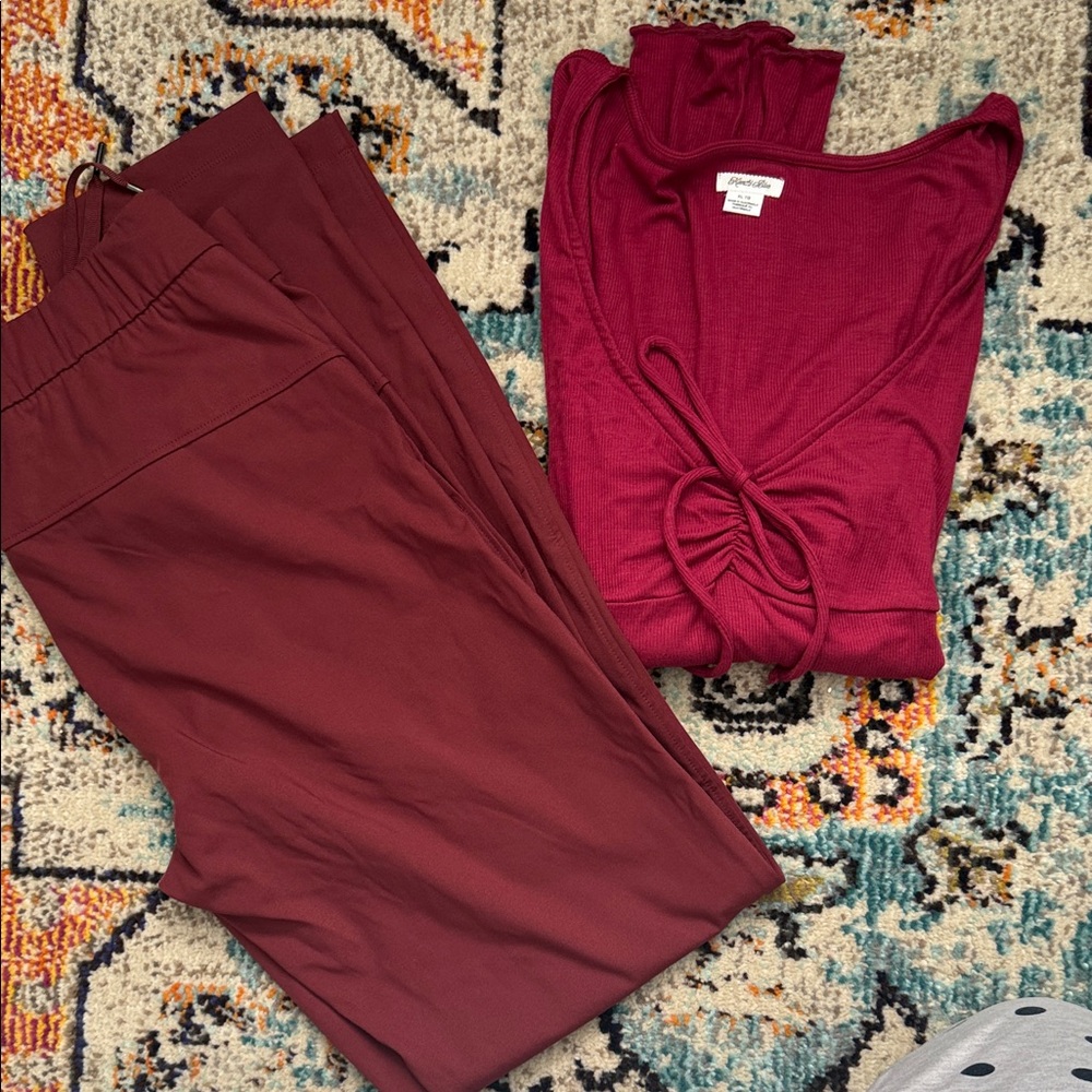 Urban Outfitters Burgundy Two-Piece Knit Top - xl  & Pull-On Pants - yoga L